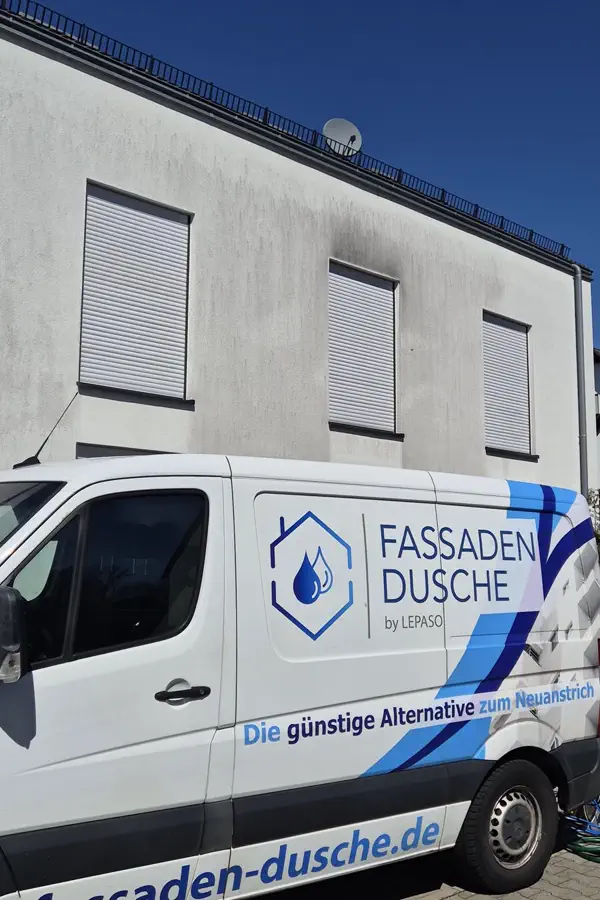 Fassade mit schwarzen Algenläufern vor der Reinigung